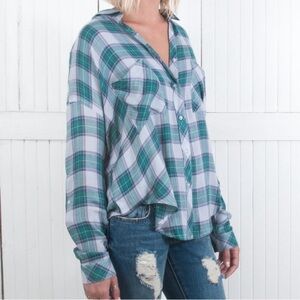 The Laundry Room Green and Pink Plaid Split Back Button Down Shirt Flannel